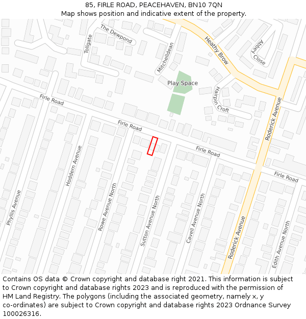 85, FIRLE ROAD, PEACEHAVEN, BN10 7QN: Location map and indicative extent of plot