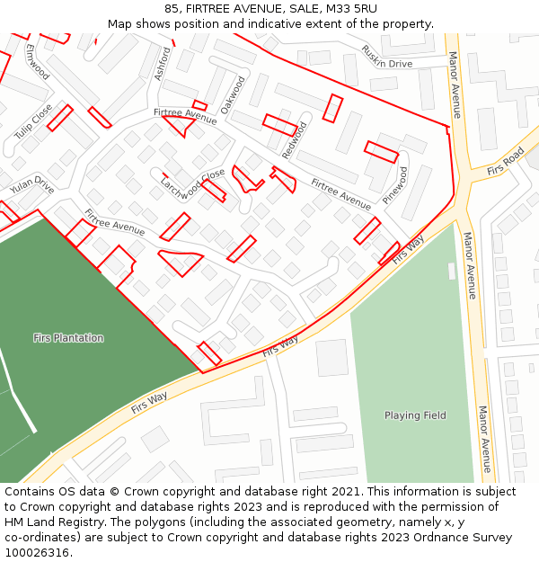 85, FIRTREE AVENUE, SALE, M33 5RU: Location map and indicative extent of plot