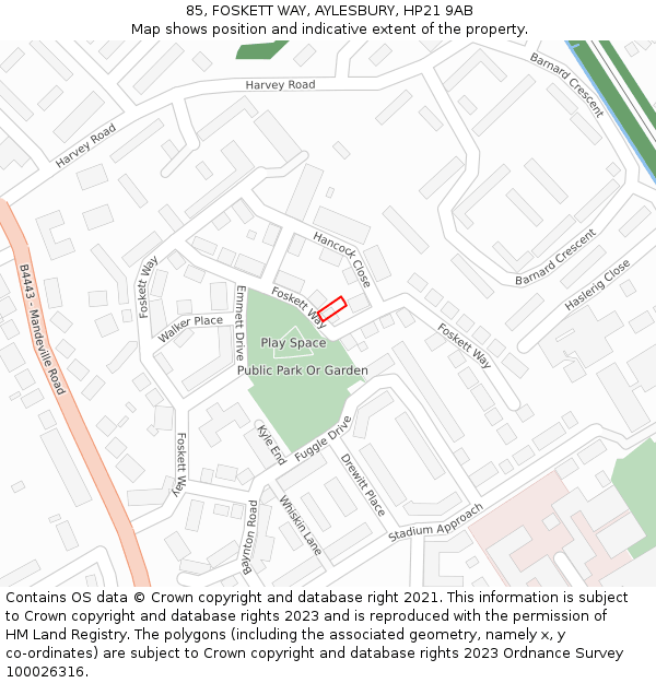 85, FOSKETT WAY, AYLESBURY, HP21 9AB: Location map and indicative extent of plot