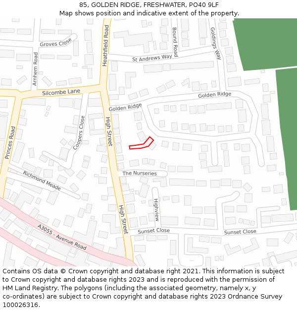 85, GOLDEN RIDGE, FRESHWATER, PO40 9LF: Location map and indicative extent of plot