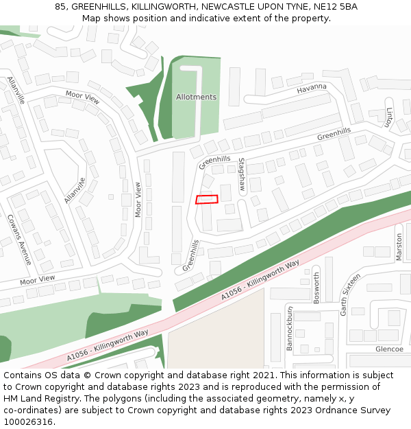 85, GREENHILLS, KILLINGWORTH, NEWCASTLE UPON TYNE, NE12 5BA: Location map and indicative extent of plot