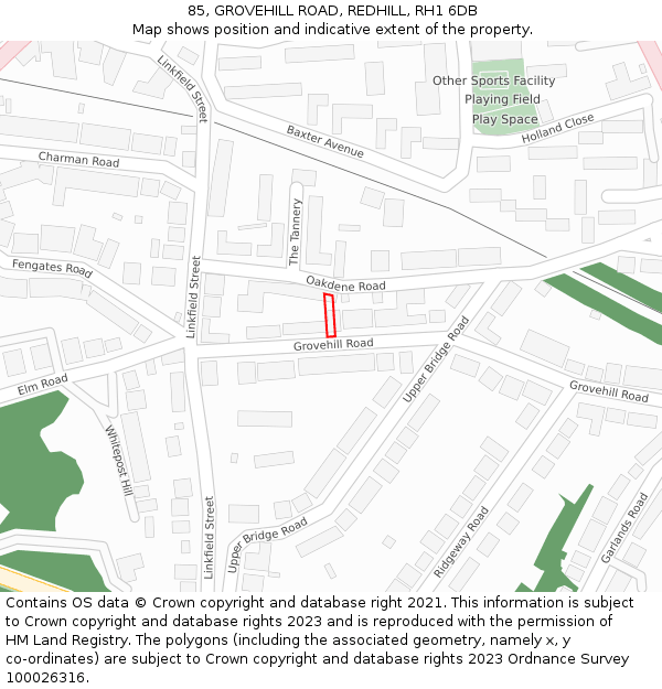 85, GROVEHILL ROAD, REDHILL, RH1 6DB: Location map and indicative extent of plot