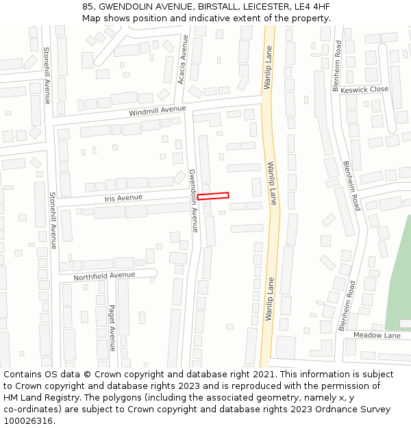 85, GWENDOLIN AVENUE, BIRSTALL, LEICESTER, LE4 4HF: Location map and indicative extent of plot