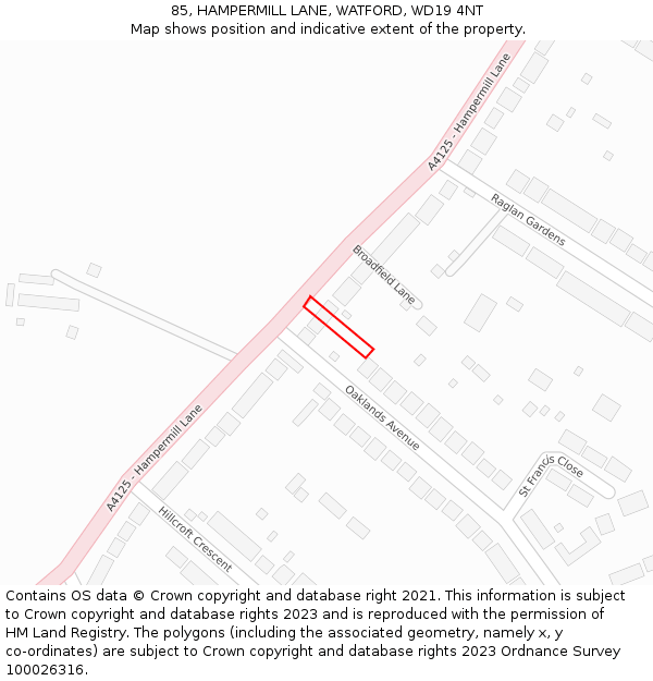 85, HAMPERMILL LANE, WATFORD, WD19 4NT: Location map and indicative extent of plot