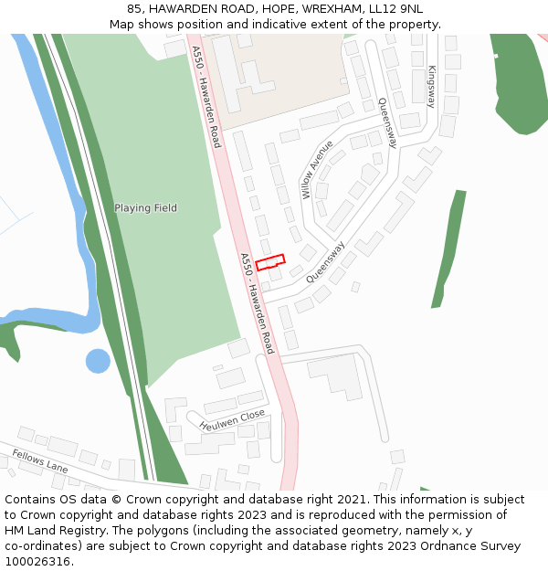 85, HAWARDEN ROAD, HOPE, WREXHAM, LL12 9NL: Location map and indicative extent of plot