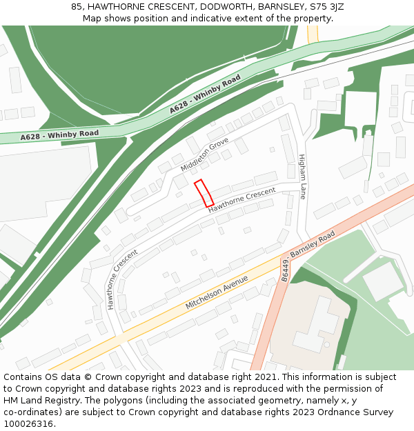 85, HAWTHORNE CRESCENT, DODWORTH, BARNSLEY, S75 3JZ: Location map and indicative extent of plot