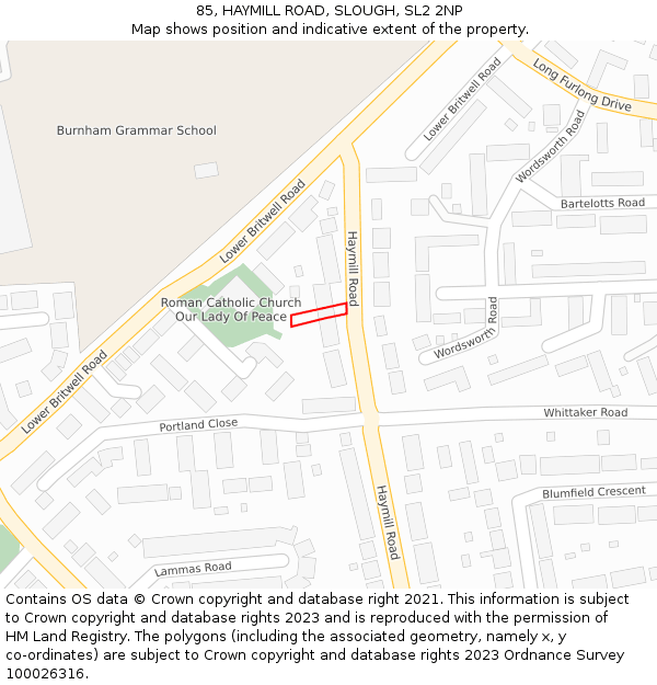 85, HAYMILL ROAD, SLOUGH, SL2 2NP: Location map and indicative extent of plot