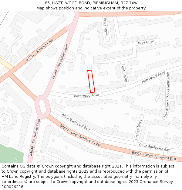 85, HAZELWOOD ROAD, BIRMINGHAM, B27 7XW: Location map and indicative extent of plot