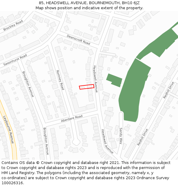 85, HEADSWELL AVENUE, BOURNEMOUTH, BH10 6JZ: Location map and indicative extent of plot