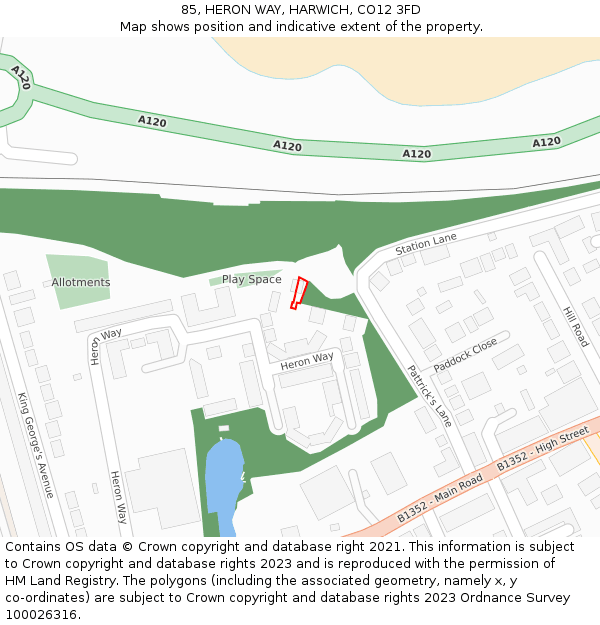 85, HERON WAY, HARWICH, CO12 3FD: Location map and indicative extent of plot