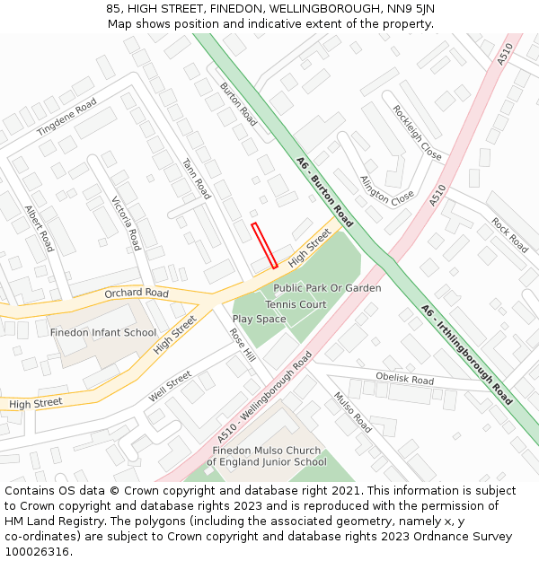 85, HIGH STREET, FINEDON, WELLINGBOROUGH, NN9 5JN: Location map and indicative extent of plot