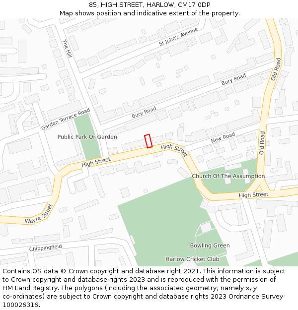 85, HIGH STREET, HARLOW, CM17 0DP: Location map and indicative extent of plot