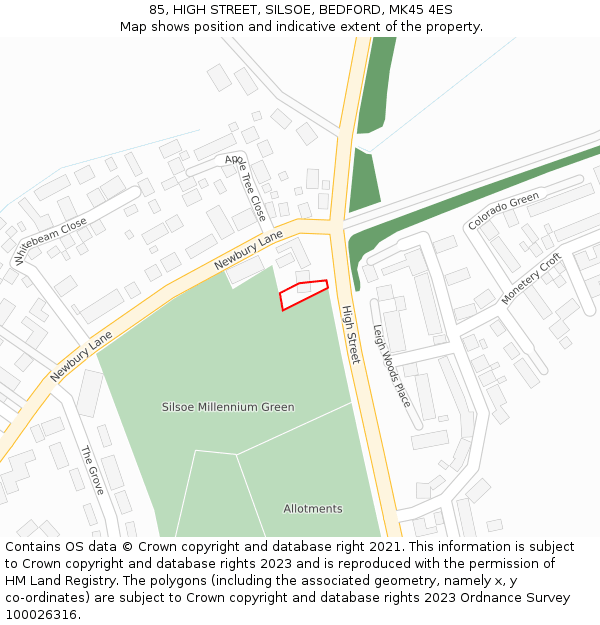 85, HIGH STREET, SILSOE, BEDFORD, MK45 4ES: Location map and indicative extent of plot