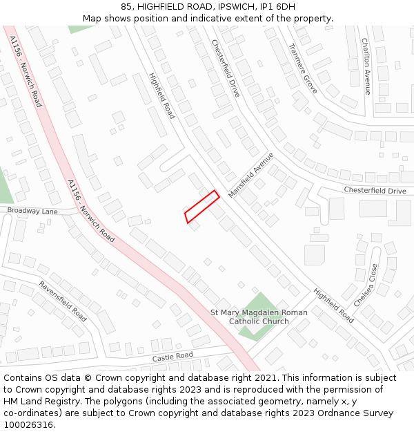 85, HIGHFIELD ROAD, IPSWICH, IP1 6DH: Location map and indicative extent of plot