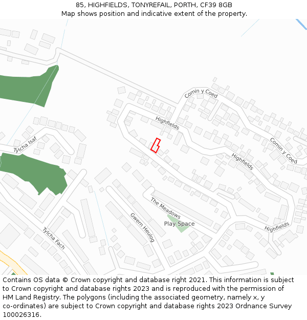 85, HIGHFIELDS, TONYREFAIL, PORTH, CF39 8GB: Location map and indicative extent of plot