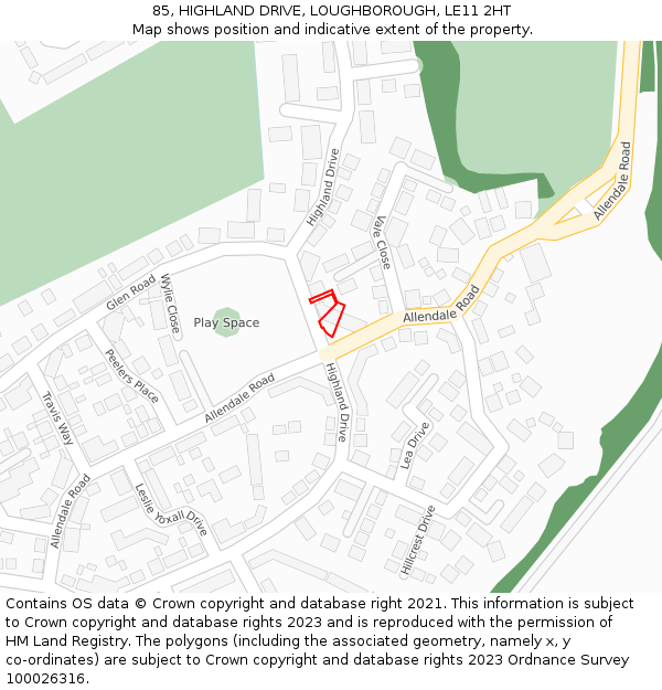 85, HIGHLAND DRIVE, LOUGHBOROUGH, LE11 2HT: Location map and indicative extent of plot