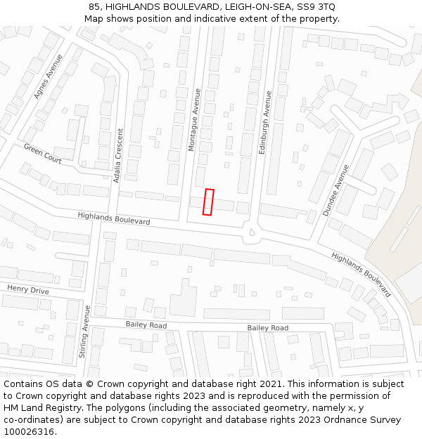 85, HIGHLANDS BOULEVARD, LEIGH-ON-SEA, SS9 3TQ: Location map and indicative extent of plot