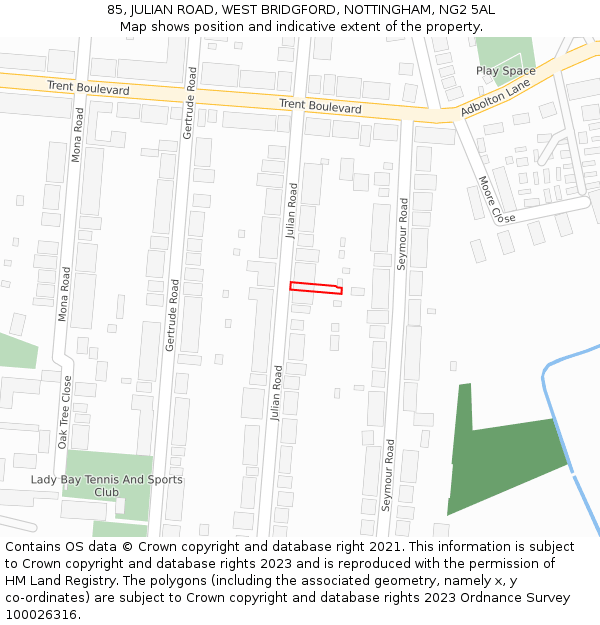 85, JULIAN ROAD, WEST BRIDGFORD, NOTTINGHAM, NG2 5AL: Location map and indicative extent of plot