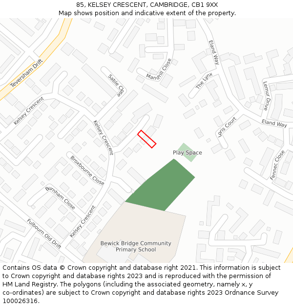 85, KELSEY CRESCENT, CAMBRIDGE, CB1 9XX: Location map and indicative extent of plot