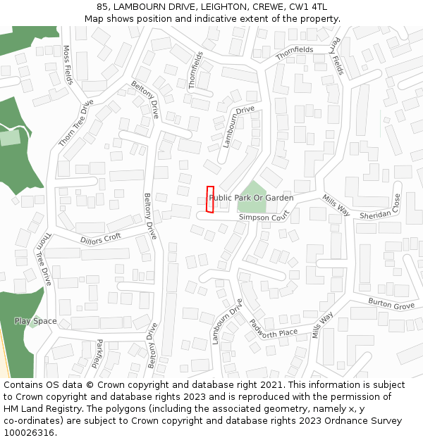 85, LAMBOURN DRIVE, LEIGHTON, CREWE, CW1 4TL: Location map and indicative extent of plot
