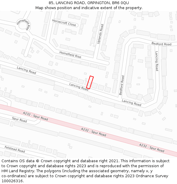 85, LANCING ROAD, ORPINGTON, BR6 0QU: Location map and indicative extent of plot