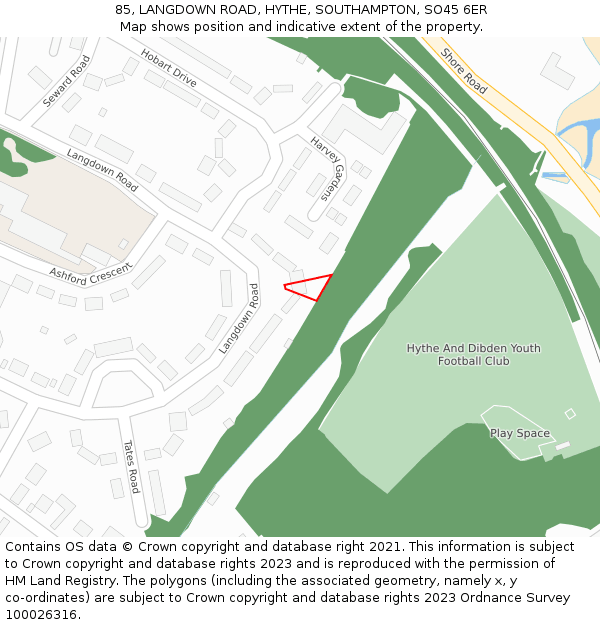 85, LANGDOWN ROAD, HYTHE, SOUTHAMPTON, SO45 6ER: Location map and indicative extent of plot