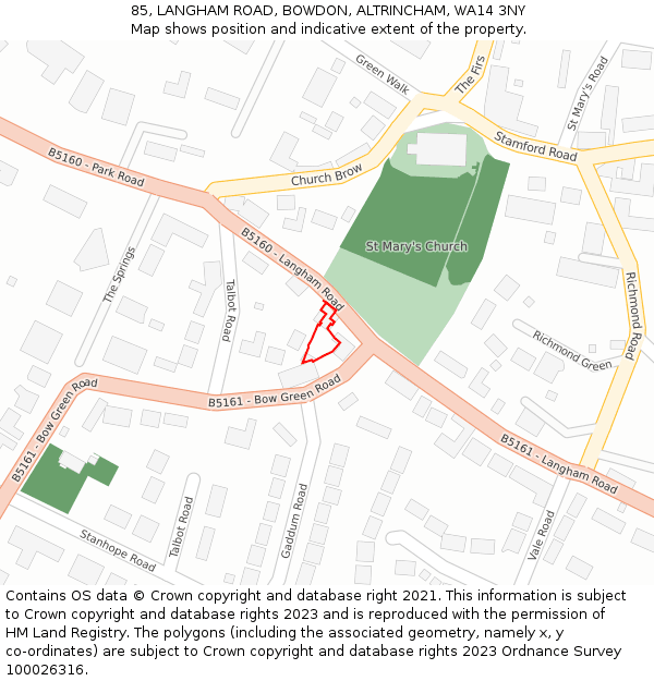 85, LANGHAM ROAD, BOWDON, ALTRINCHAM, WA14 3NY: Location map and indicative extent of plot