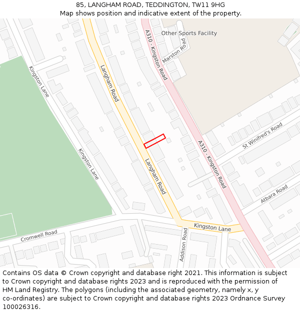 85, LANGHAM ROAD, TEDDINGTON, TW11 9HG: Location map and indicative extent of plot