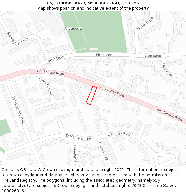 85, LONDON ROAD, MARLBOROUGH, SN8 2AN: Location map and indicative extent of plot