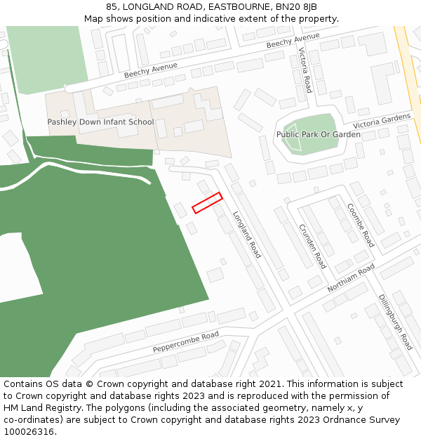 85, LONGLAND ROAD, EASTBOURNE, BN20 8JB: Location map and indicative extent of plot