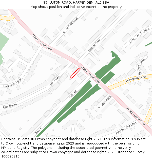 85, LUTON ROAD, HARPENDEN, AL5 3BA: Location map and indicative extent of plot