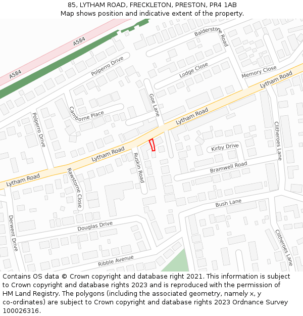 85, LYTHAM ROAD, FRECKLETON, PRESTON, PR4 1AB: Location map and indicative extent of plot