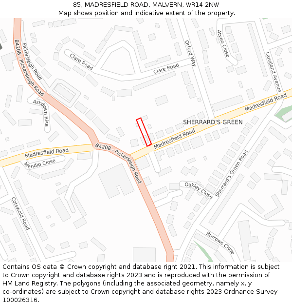 85, MADRESFIELD ROAD, MALVERN, WR14 2NW: Location map and indicative extent of plot