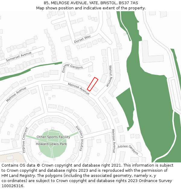 85, MELROSE AVENUE, YATE, BRISTOL, BS37 7AS: Location map and indicative extent of plot
