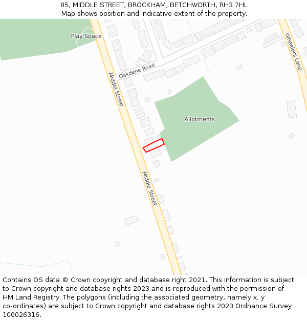 85, MIDDLE STREET, BROCKHAM, BETCHWORTH, RH3 7HL: Location map and indicative extent of plot