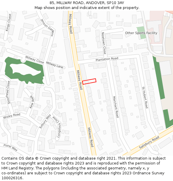 85, MILLWAY ROAD, ANDOVER, SP10 3AY: Location map and indicative extent of plot