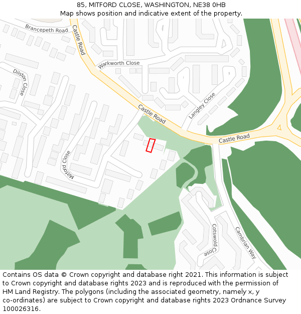 85, MITFORD CLOSE, WASHINGTON, NE38 0HB: Location map and indicative extent of plot