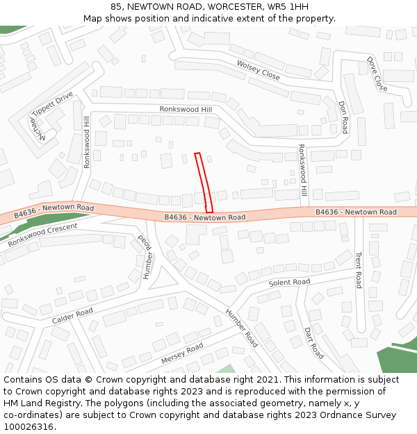 85, NEWTOWN ROAD, WORCESTER, WR5 1HH: Location map and indicative extent of plot