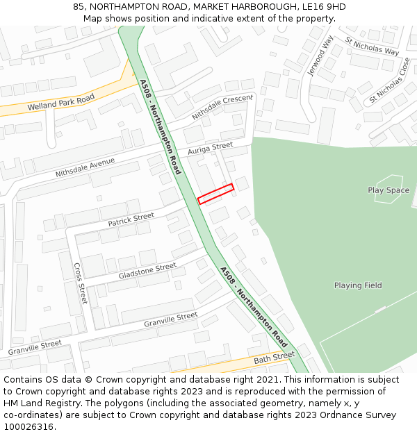 85, NORTHAMPTON ROAD, MARKET HARBOROUGH, LE16 9HD: Location map and indicative extent of plot