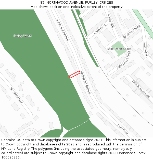 85, NORTHWOOD AVENUE, PURLEY, CR8 2ES: Location map and indicative extent of plot