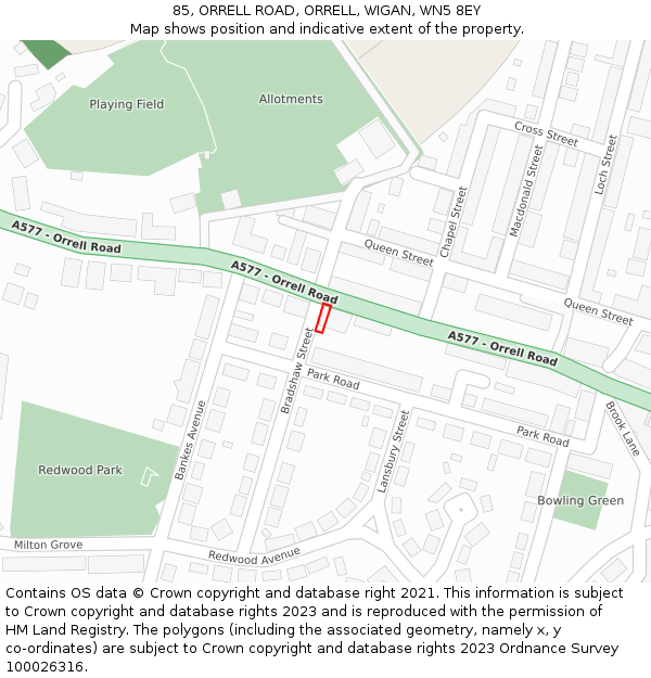 85, ORRELL ROAD, ORRELL, WIGAN, WN5 8EY: Location map and indicative extent of plot