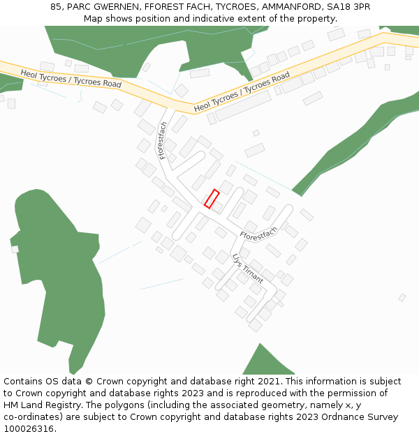 85, PARC GWERNEN, FFOREST FACH, TYCROES, AMMANFORD, SA18 3PR: Location map and indicative extent of plot