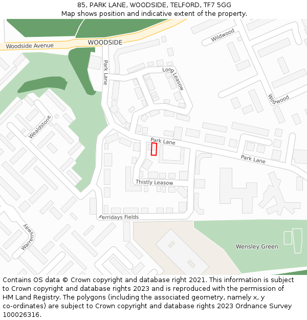 85, PARK LANE, WOODSIDE, TELFORD, TF7 5GG: Location map and indicative extent of plot