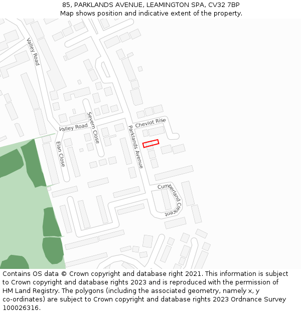 85, PARKLANDS AVENUE, LEAMINGTON SPA, CV32 7BP: Location map and indicative extent of plot