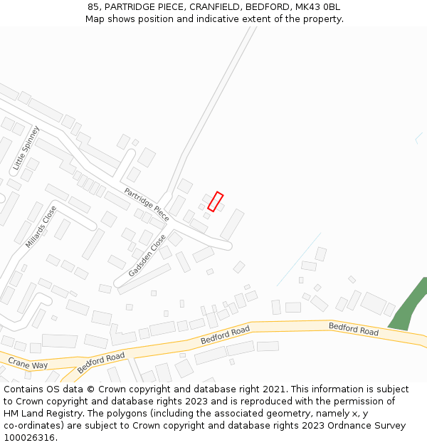 85, PARTRIDGE PIECE, CRANFIELD, BEDFORD, MK43 0BL: Location map and indicative extent of plot