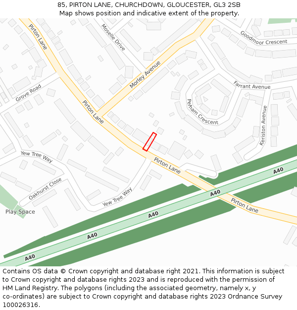 85, PIRTON LANE, CHURCHDOWN, GLOUCESTER, GL3 2SB: Location map and indicative extent of plot