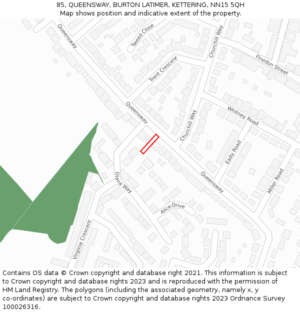 85, QUEENSWAY, BURTON LATIMER, KETTERING, NN15 5QH: Location map and indicative extent of plot