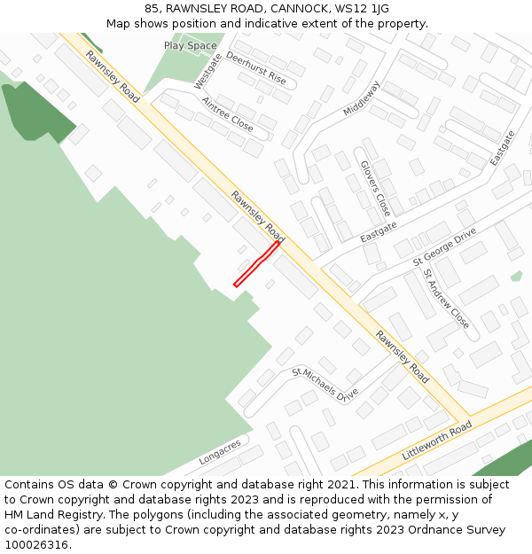 85, RAWNSLEY ROAD, CANNOCK, WS12 1JG: Location map and indicative extent of plot