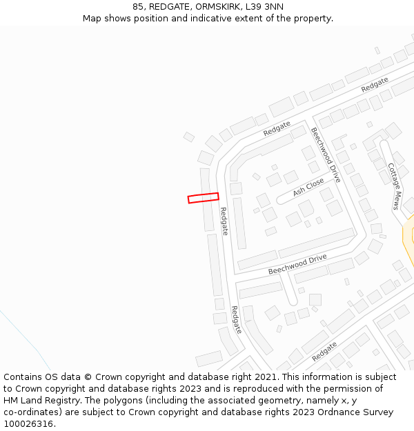 85, REDGATE, ORMSKIRK, L39 3NN: Location map and indicative extent of plot