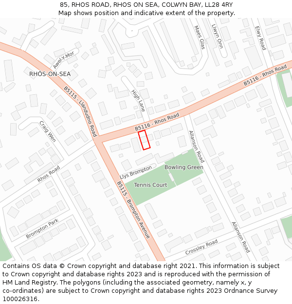 85, RHOS ROAD, RHOS ON SEA, COLWYN BAY, LL28 4RY: Location map and indicative extent of plot